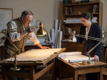 Draughtsman adjusting a classic spring-balanced task lamp over a wooden drawing board