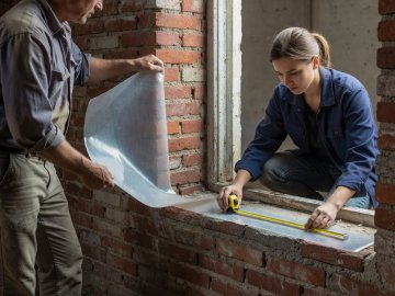 Renovator holding a thin flexible aerogel insulation mat against an old brick window reveal
