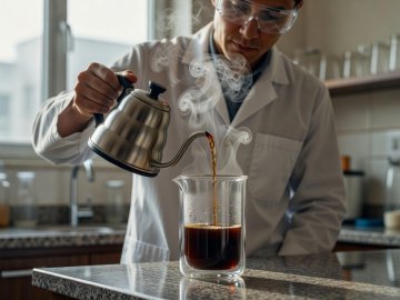 Person pouring steaming coffee into a double-walled borosilicate glass beaker on a kitchen counter
