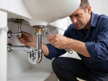 Plumber tightening the slip nut on a chrome-plated brass U-trap beneath a bathroom basin