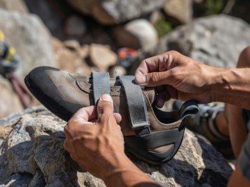 Hands pressing down the wide nylon hook-and-loop closure strap on a leather climbing shoe