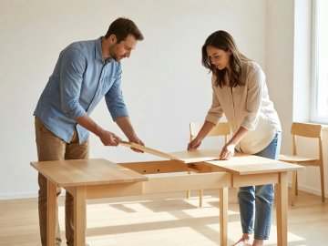 Two people extending the second birch leaf of a narrow gateleg dining table in a bright room