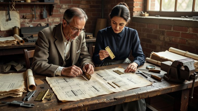 Two researchers at a wooden workbench comparing a brass cabinet hinge against printed patent diagrams