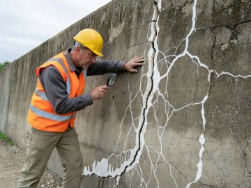 Structural engineer examining a white limestone-healed fissure on an outdoor concrete retaining wall