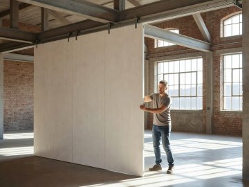 Person sliding a full-height painted timber partition wall along a ceiling track to divide a bright loft