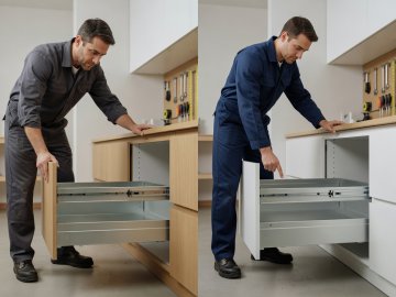 Kitchen maker testing the smooth damping action of an undermount steel drawer runner