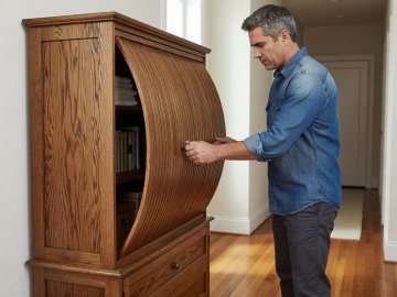 Homeowner sliding open a ribbed oak tambour door on a hallway storage credenza