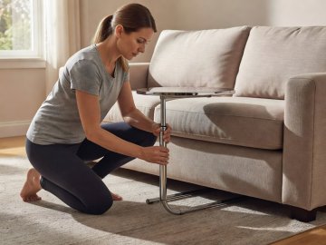 Woman adjusting the height pin of a chrome tubular side table slid beneath an upholstered sofa